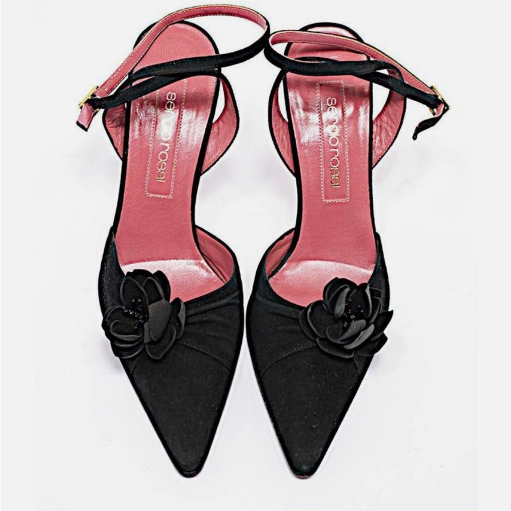 SERGIO ROSSI Black 100% Suede Flowered Ankle Strap 4" Stiletto Heels Sz EU 39
